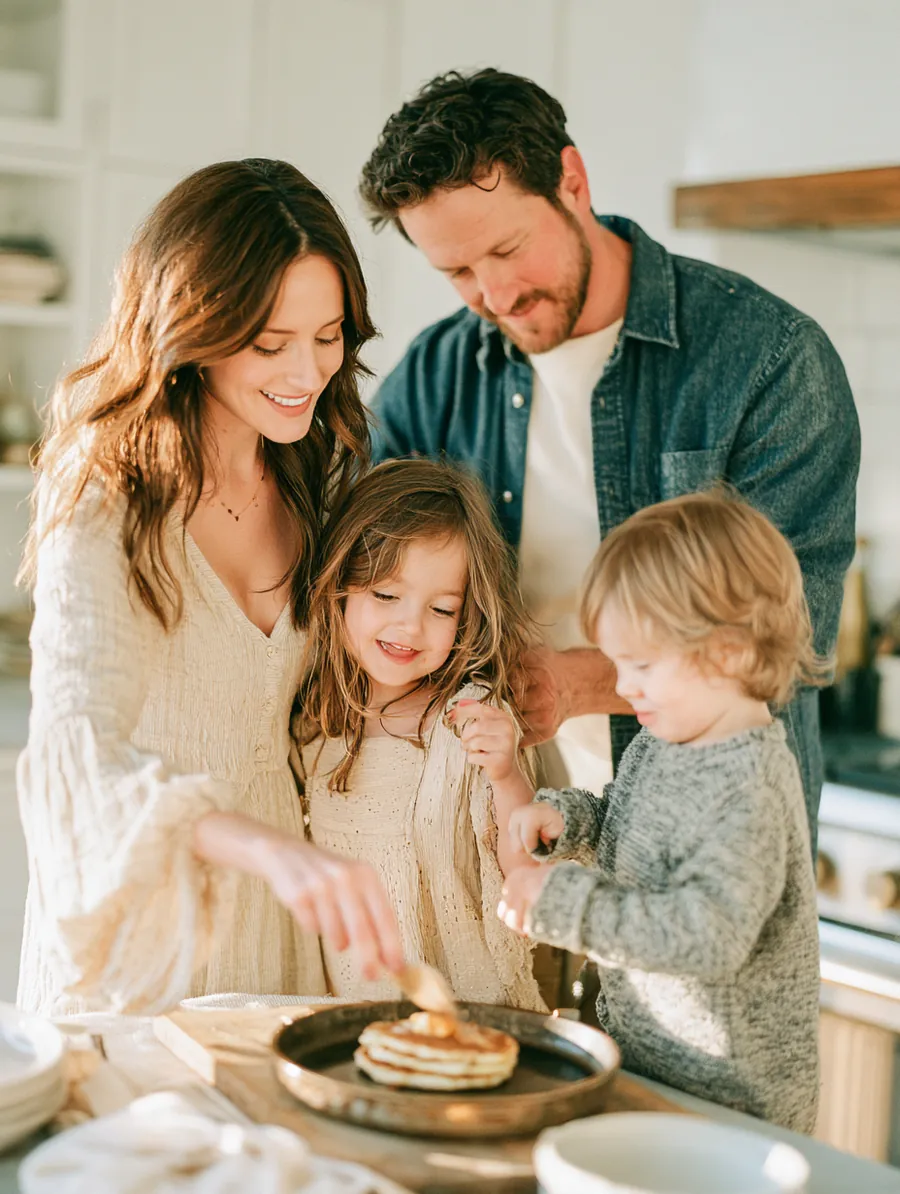 Young family with two kids cooking pancakes together on a Saturday morning